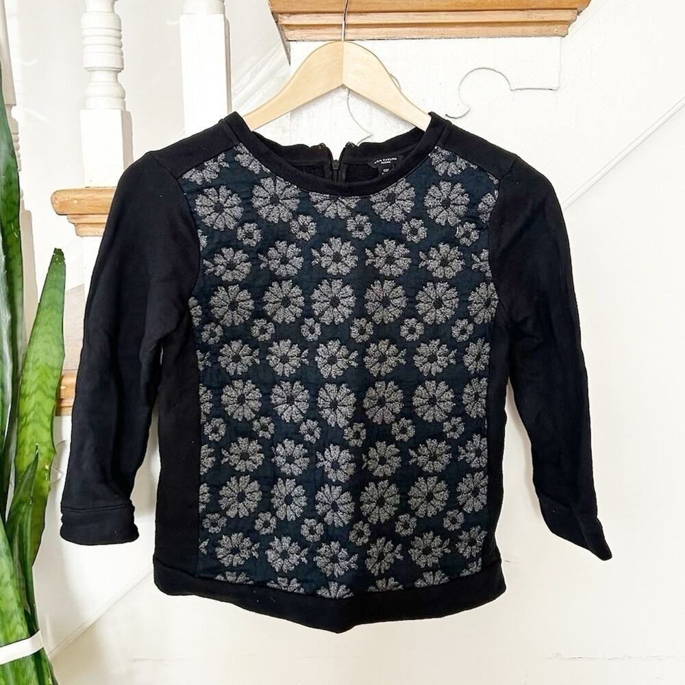 Ann Taylor Black Floral Print 3/4 Sleeve Crewneck Back Zip Sweater Size PS